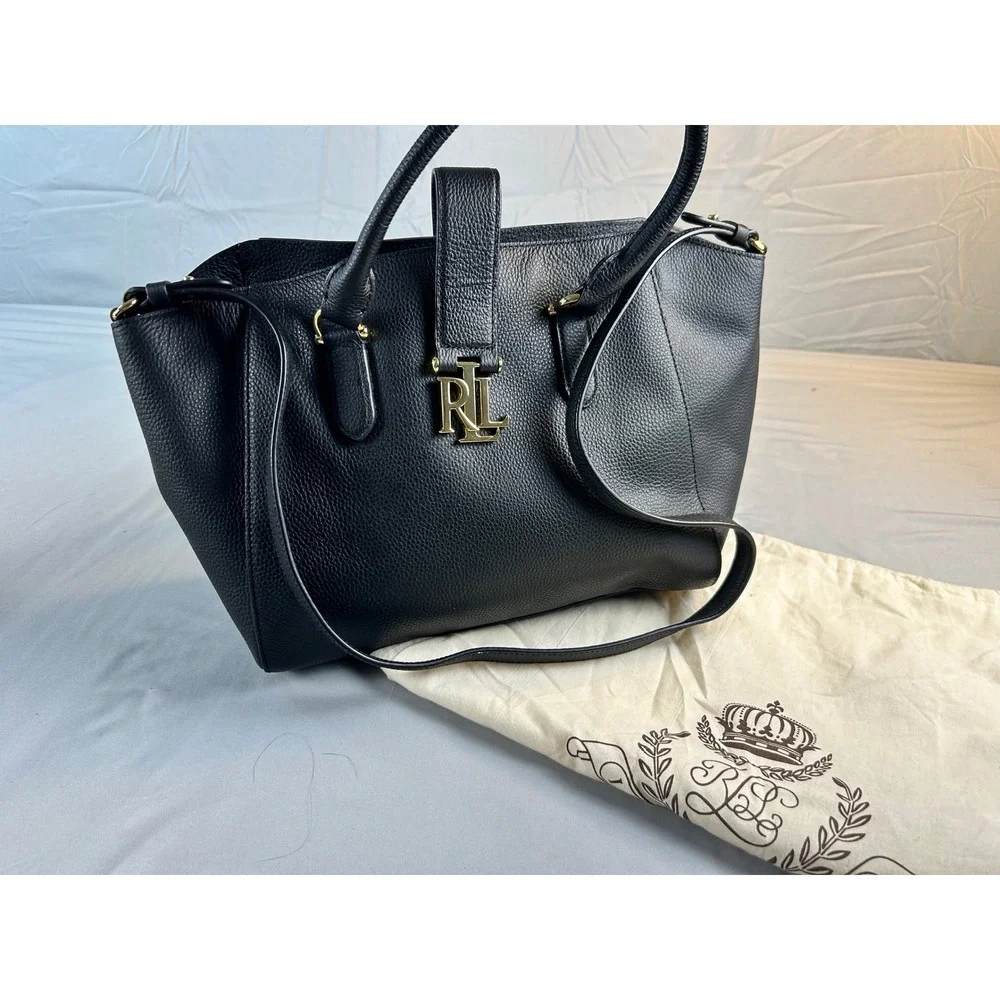 Lauren Ralph Lauren Marcy Black Pebbled Leather Satchel Bag Gold RL Logo Handbag